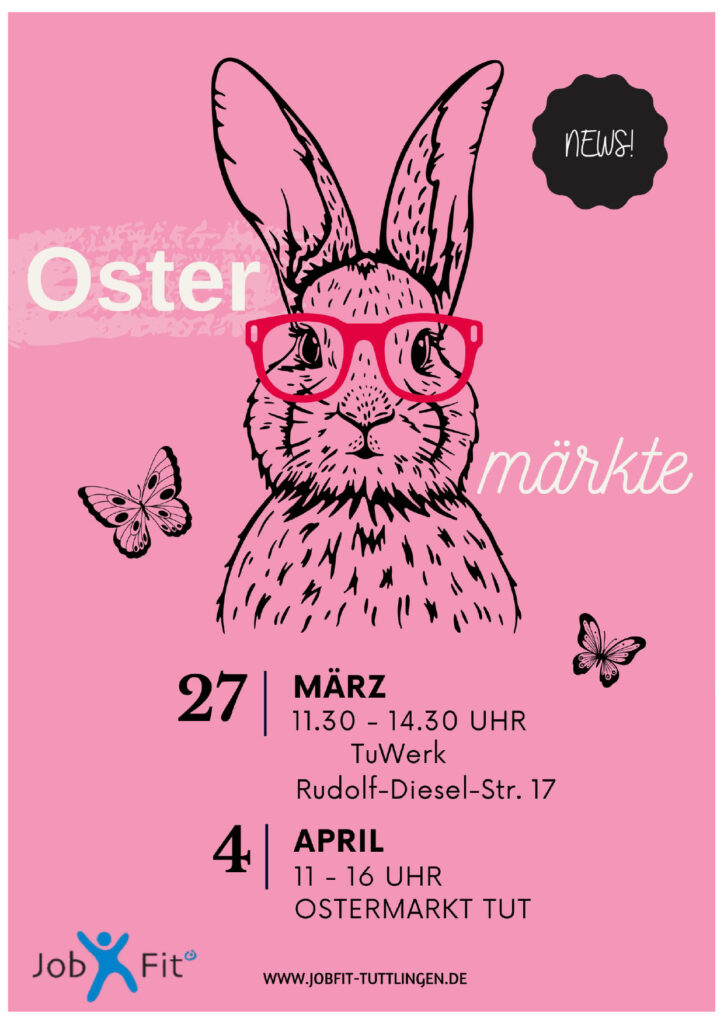 Ostermärkte am 27. März 2026, von 11:30-14:30 Uhr beim TuWerk.
Am 4. April 2026, von 11-16 Uhr auf dem Ostermarkt Tuttlingen